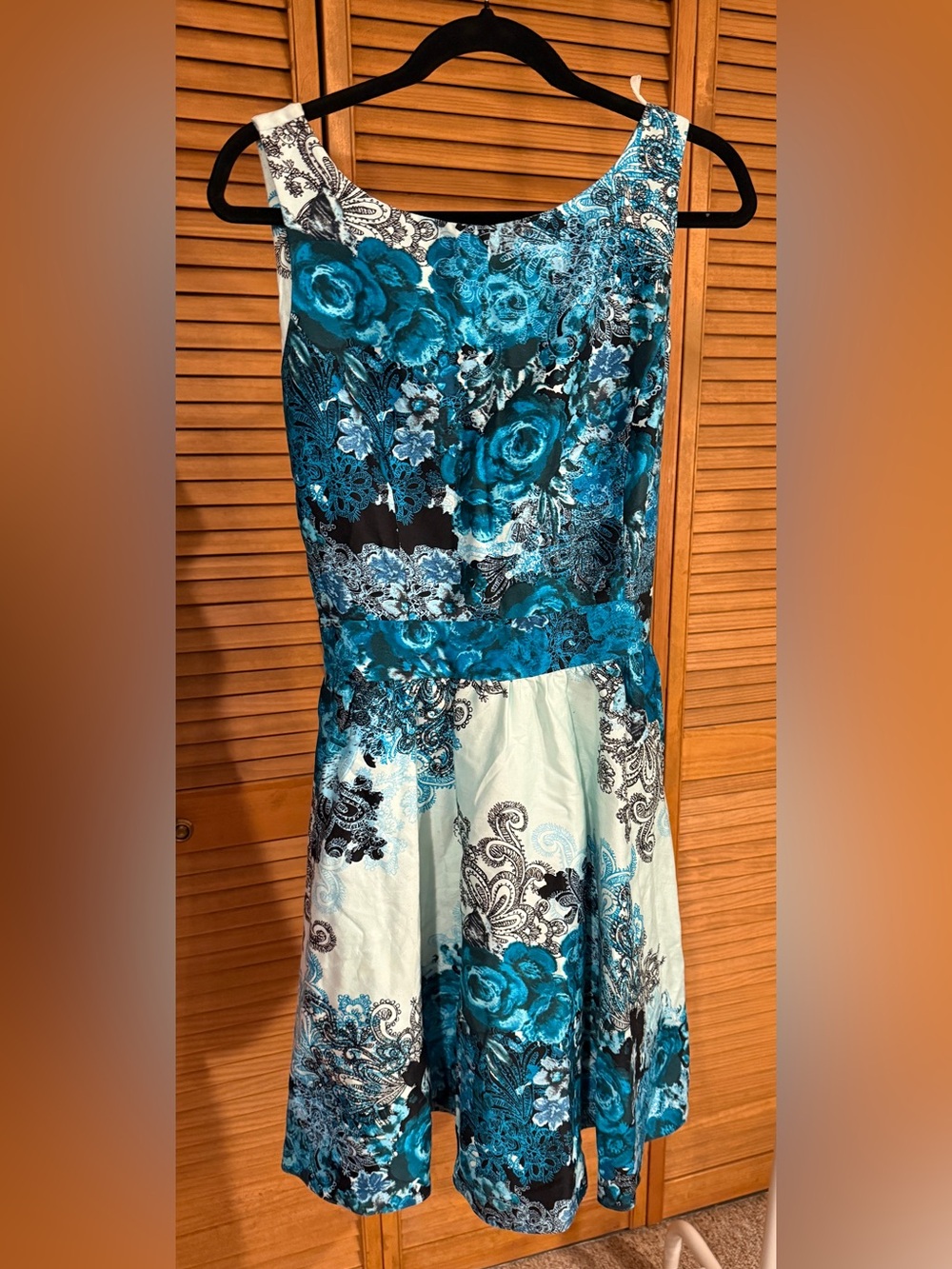 Turquoise & Black Floral Fit-and-Flare Dress 97% Cotton